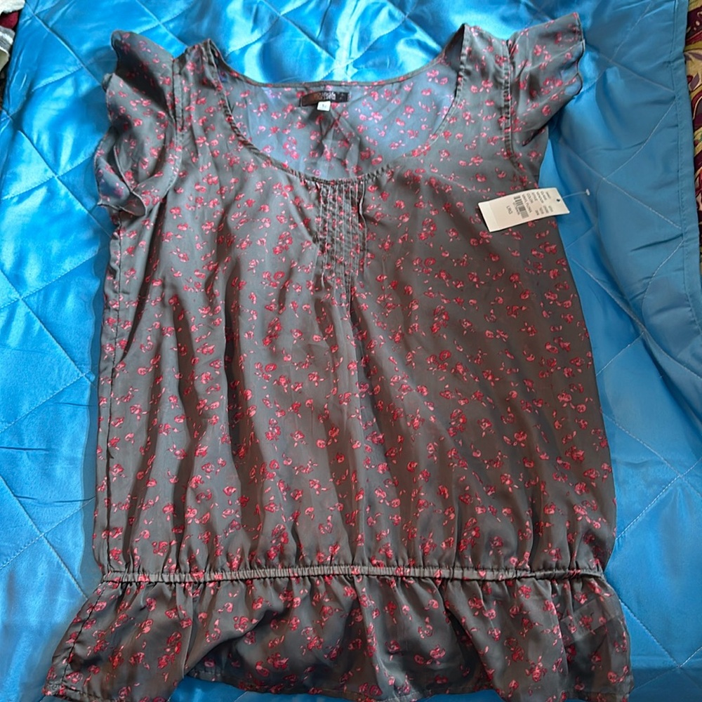 Sheer gray top with pink flowers